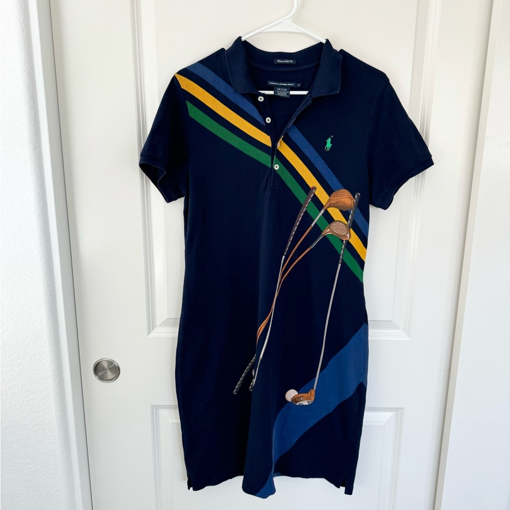 Ralph Lauren Navy Polo Shirt Dress with Green, Yellow & Blue Stripes